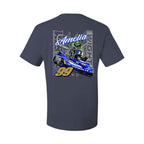 Navy t-shirt with a graphic of a race car and rider on the back, featuring the word 'Amelia' and number '99'.