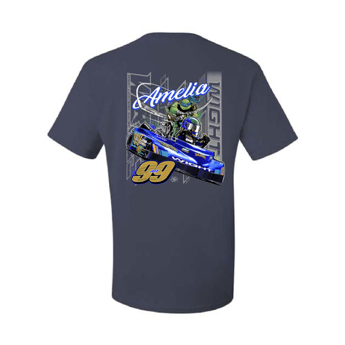 Navy t-shirt with a graphic of a race car and rider on the back, featuring the word 'Amelia' and number '99'.