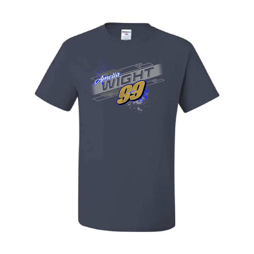 Navy blue t-shirt with 'Amelia Wright 99' graphic on a white background