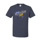 Navy blue t-shirt with 'Amelia Wright 99' graphic on a white background