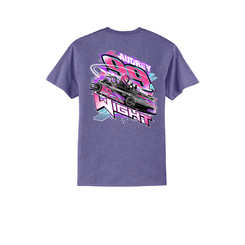 Purple t-shirt with a graphic design on the back against a white background
