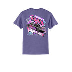 Purple t-shirt with a graphic design on the back against a white background