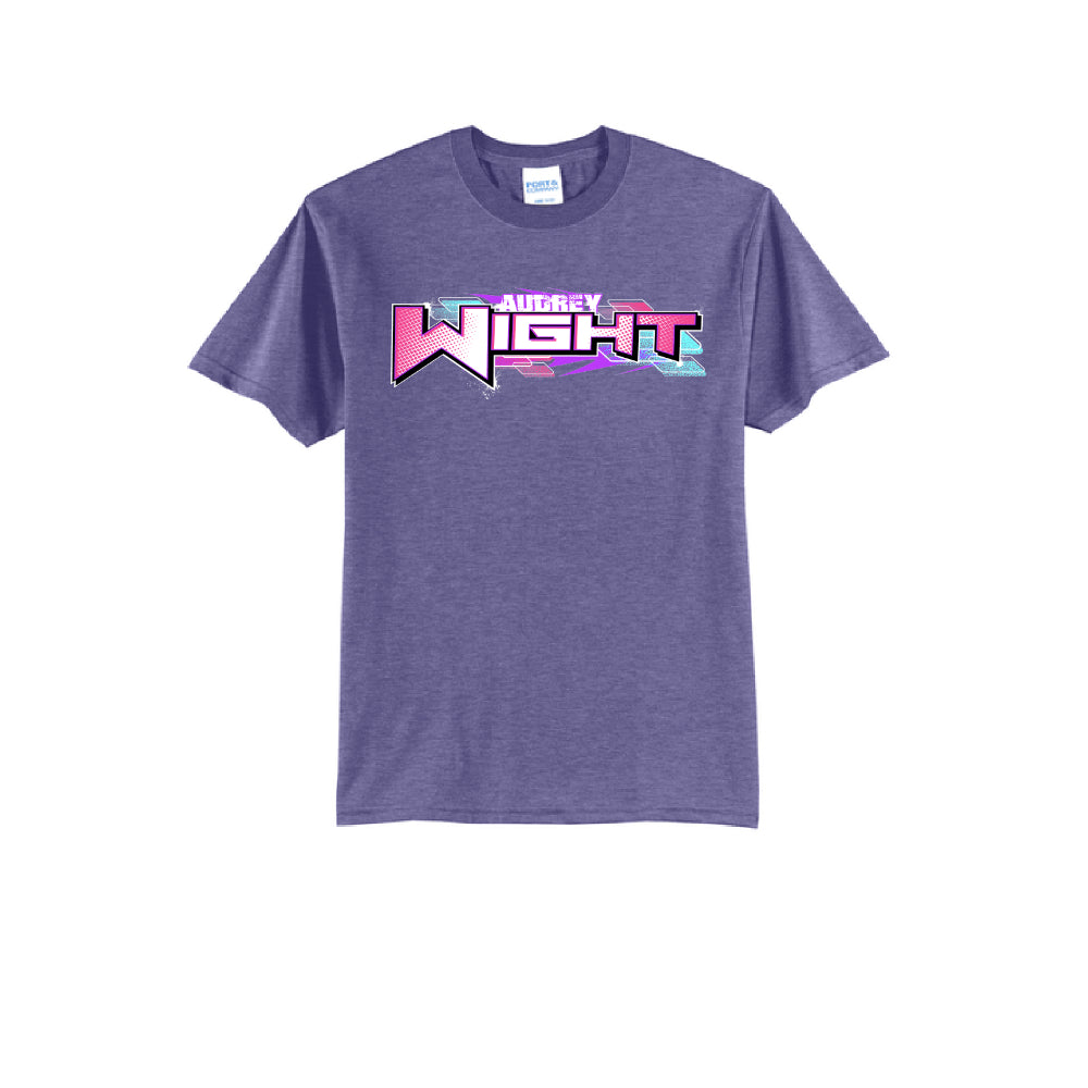 Purple t-shirt with colorful text design on a white background