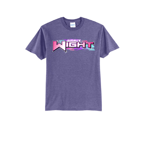 Purple t-shirt with colorful text design on a white background