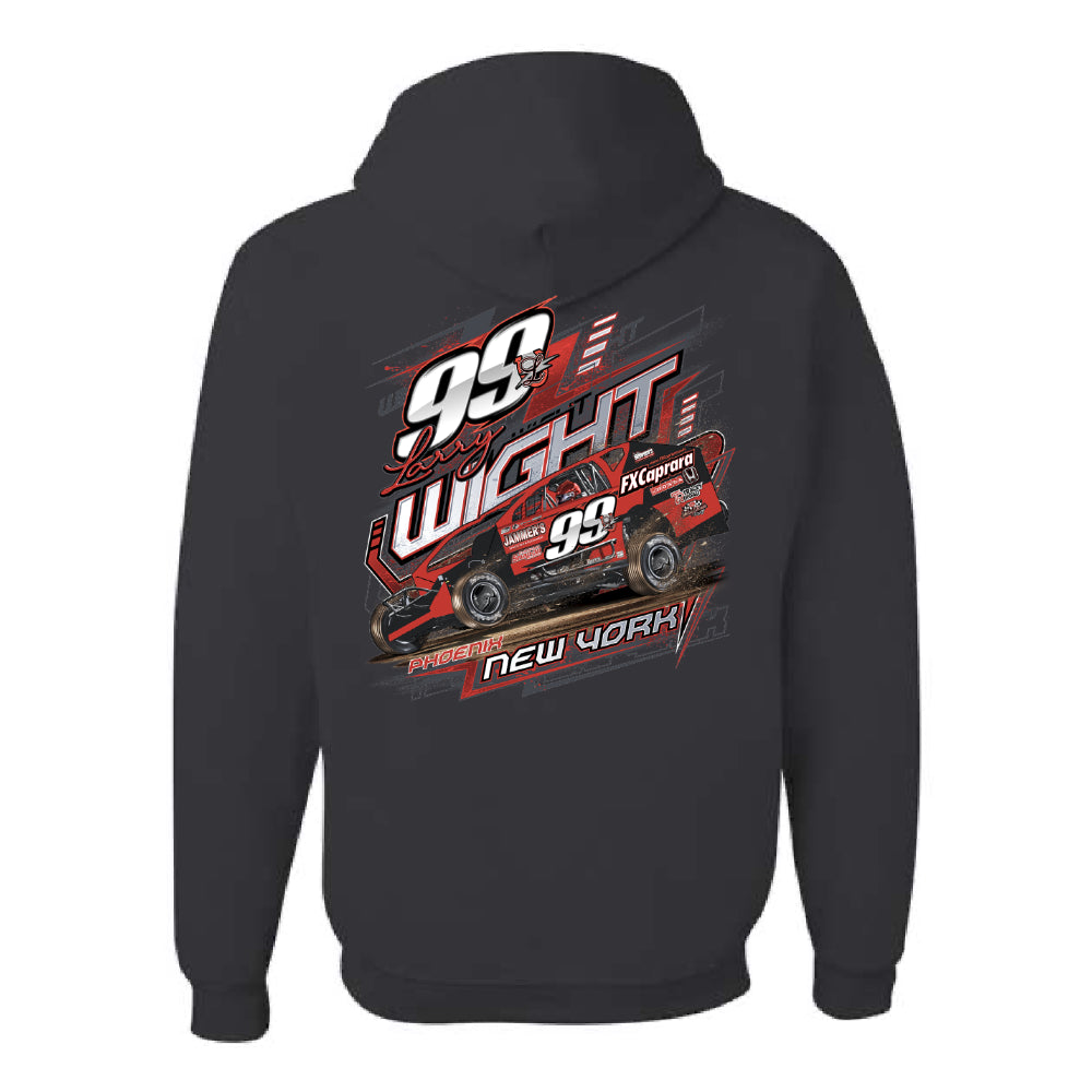 Black hoodie with racing-themed design on the back, featuring the number 99 and text.