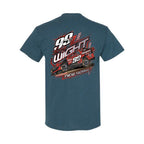 Blue t-shirt with racing graphic and text on a white background