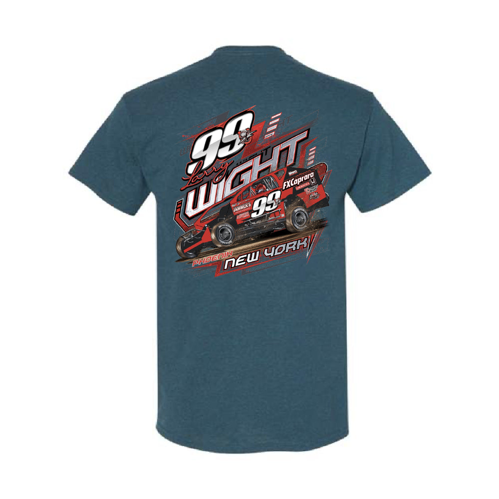 Blue t-shirt with racing graphic and text on a white background