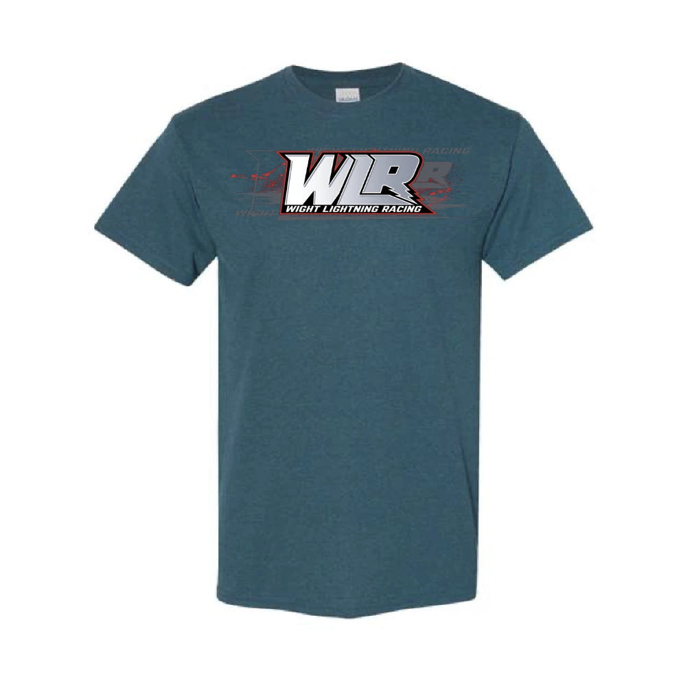 Blue t-shirt with WIR (Wright Lightning Racing) logo on a white background